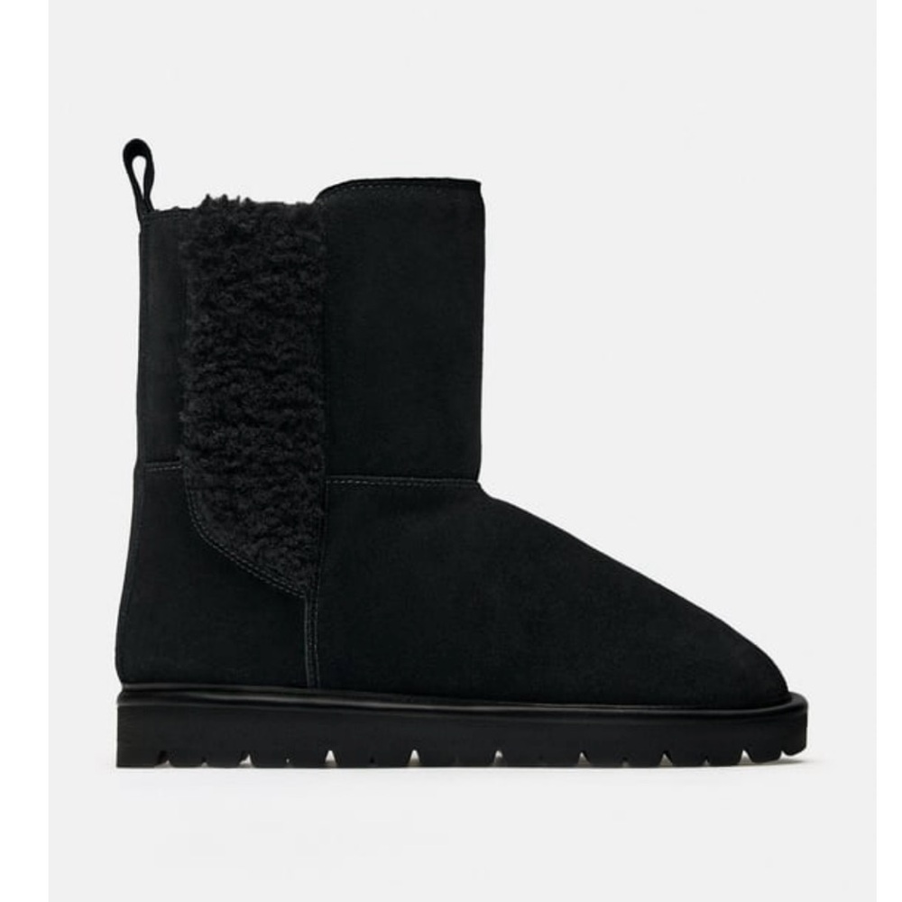FAUX SHEARLING FLAT SUEDE ANKLE BOOTS BLACK